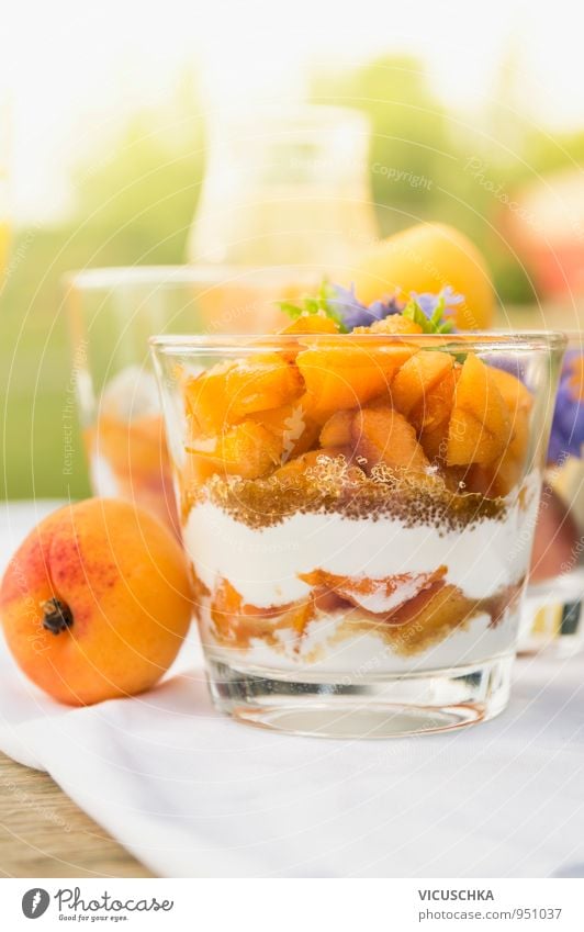 Aprikose Dessert mit Joghurt und braunem Zucker Lebensmittel Frucht Süßwaren Ernährung Frühstück Büffet Brunch Bioprodukte Vegetarische Ernährung Diät Glas