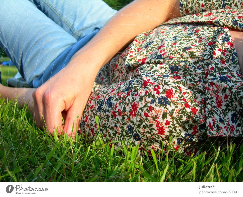 wiesenlieger Wiese Erholung Blume Bluse Frau Hand mehrfarbig Rasen liegen Jeanshose Farbe
