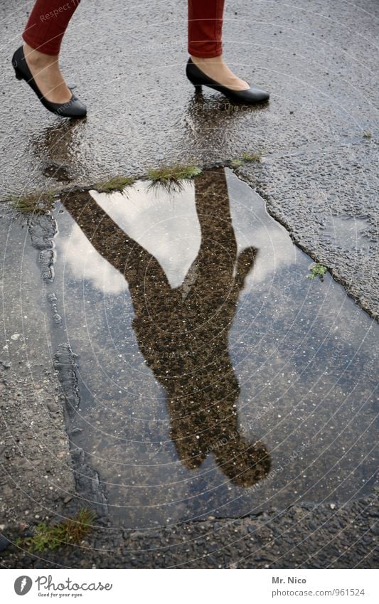 oben ohne Lifestyle feminin Beine Fuß 1 Mensch Wasser Herbst Schuhe gehen Asphalt Wege & Pfade Bürgersteig Eile Pfütze Wasserlache Umwelt nass Wetter freizeit