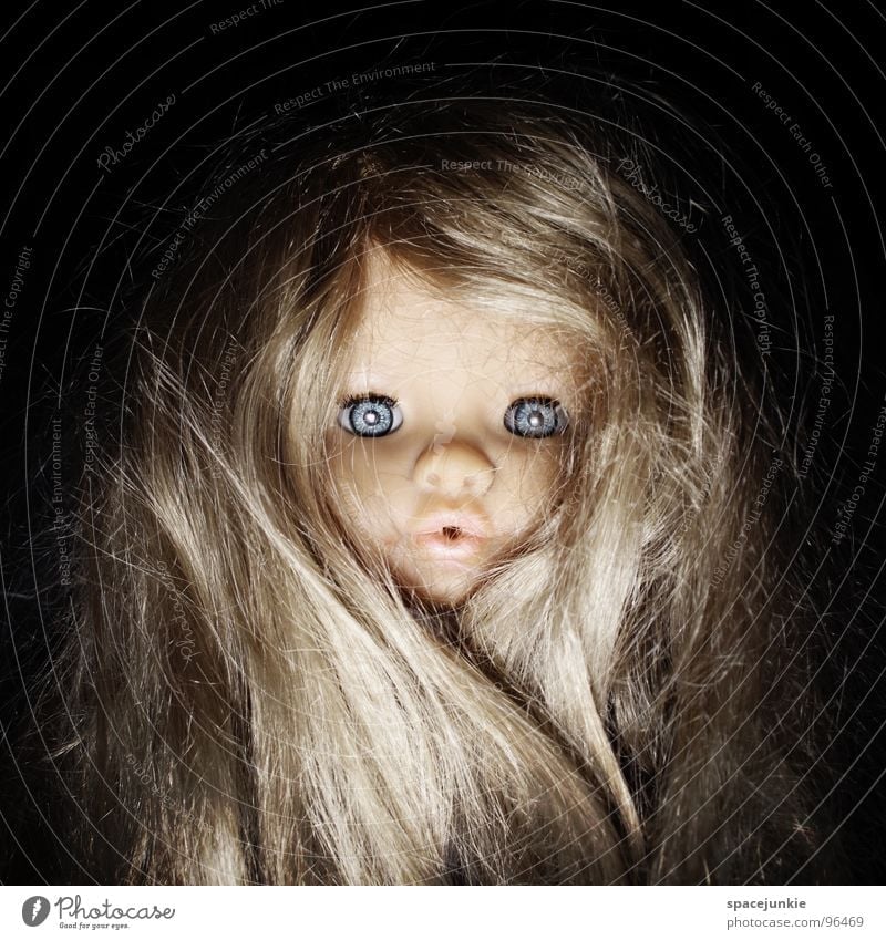 wild puppet Spielzeug bedrohlich beängstigend blond Chucky gruselig Horrorfilm böse süß niedlich skurril Freude Puppe Auge blau Angst Wildtier Haare & Frisuren