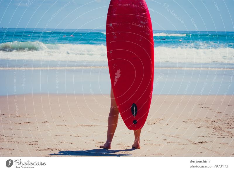 Surfs Up, Rotes  Surfbrett, Strand und der Pazifik. Was willst du mehr.Queensland / Australia Freude sportlich Leben Surfen Sommer Wassersport Beine 1