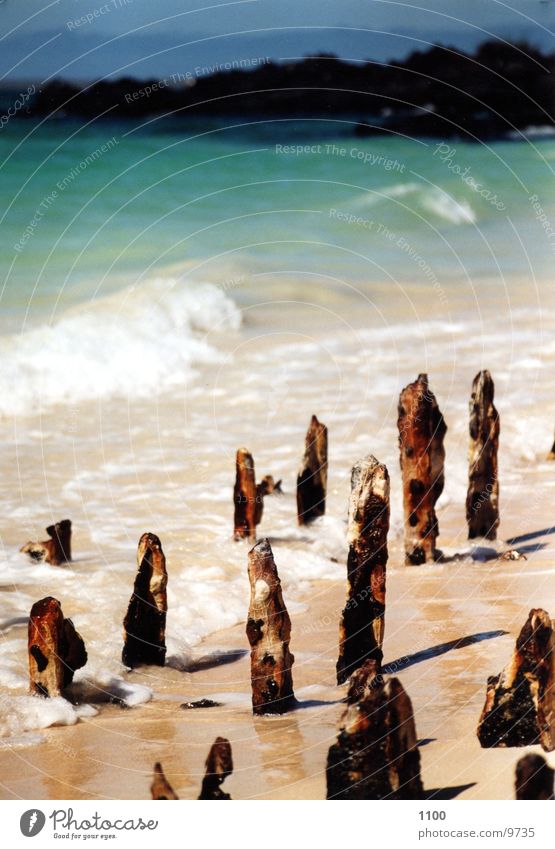 Meer See Wasser Strand Säule verfallen Rost blau Insel Sonne landungsteg alt