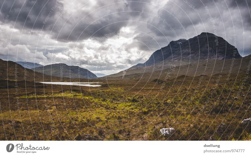 Scot Umwelt Natur Landschaft Himmel Wolken Sommer schlechtes Wetter Wind Wiese Hügel Felsen Berge u. Gebirge Gipfel See Gesundheit groß kalt wild braun gelb