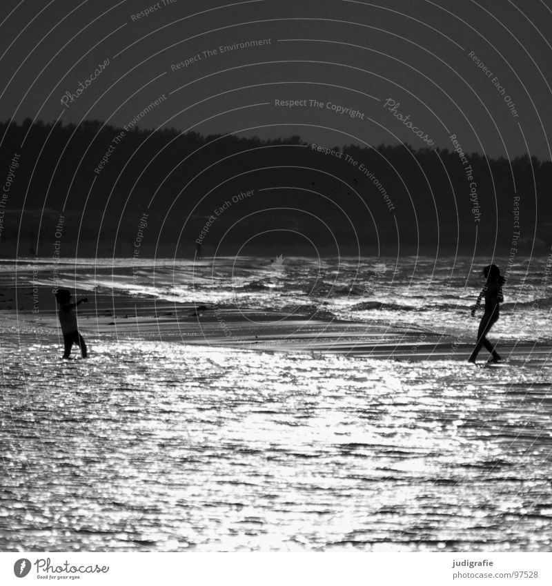 Am Strand See Meer 2 Spielen Licht Gegenlicht Abendsonne Küste schwarz Schwarzweißfoto Ostsee Mensch Tanzen Schwimmen & Baden laufen Wasser