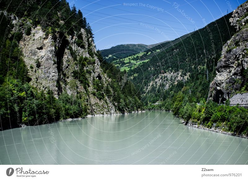 Inn Umwelt Natur Landschaft Himmel Sommer Schönes Wetter Baum Sträucher Wald Alpen Berge u. Gebirge Flussufer ästhetisch frisch gigantisch nachhaltig natürlich