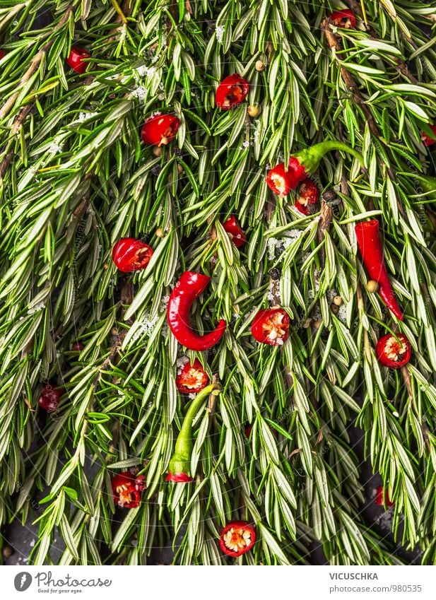 Rosmarin und rote Chili Lebensmittel Gemüse Kräuter & Gewürze Ernährung Bioprodukte Vegetarische Ernährung Diät Stil Design Natur Hintergrundbild Paprika