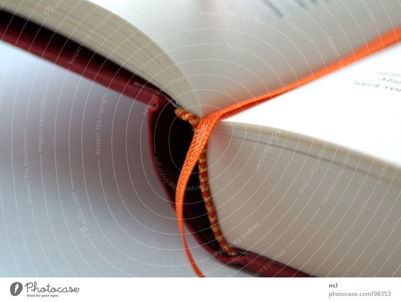 Lesezeichen Buch Text Roman Zettel rot weiß Aussage Erinnerung Gedanke Textilien Papier aufgeschlagen gebunden Bildung Kunst Kultur Nähgarn Vergangenheit