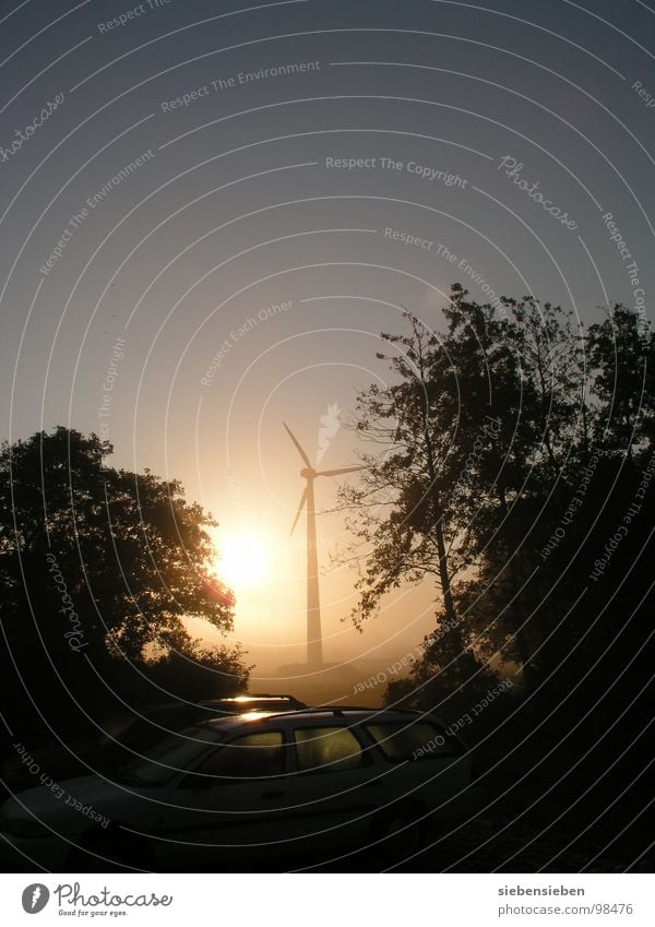 Tagesanbruch Morgen Sonnenaufgang Licht Stimmung Guten Morgen Windkraftanlage Umwelt umweltfreundlich Elektrizität Kraft drehen Industrie Elektrisches Gerät