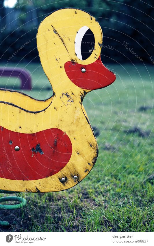 geliebt Spielplatz Schaukel Vogel Wippe gebraucht alt Abnutzung Treue Spielen Holz Wasserschaden rot gelb Vergänglichkeit Schaukeltier Ente Feder Federung