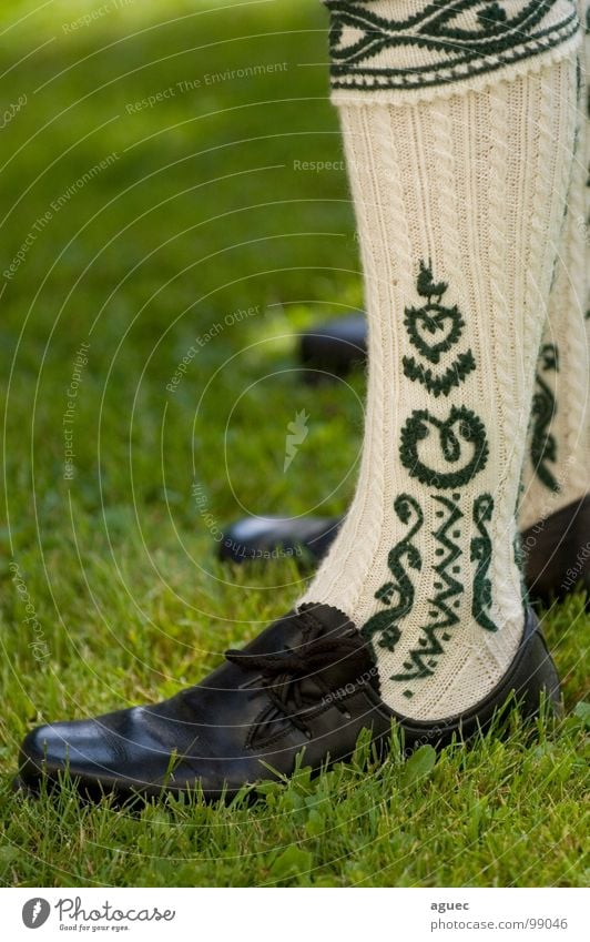 Fesche Wadln Schuhe Gras grün schwarz beige Bayern Tracht Tradition Kniestrümpfe Schuhbänder Seil Muster vertikal stehen Kunst Kultur Wadlstrümpfe Wollstrümpfe