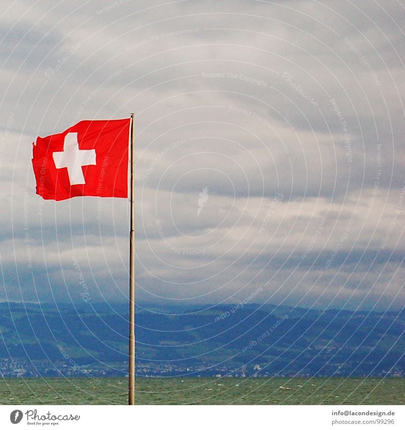 Blick in die Schweiz Fahne Wolken Friedrichshafen flattern Schweizer rot grün Farbe Europa Bodensee Küste Wind fahnemast Strommast Rücken schwiz blau