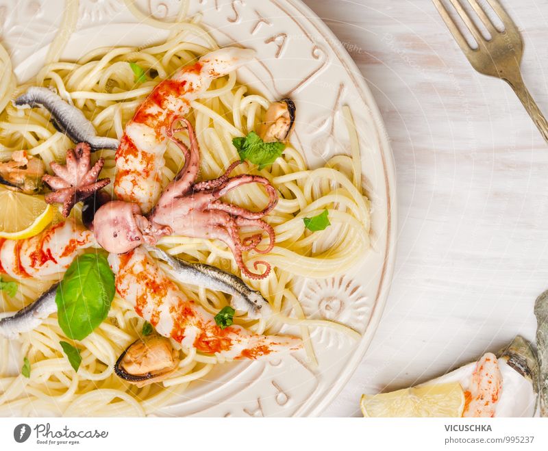 Meeresfrüchte Spaghetti Lebensmittel Fisch Kräuter & Gewürze Ernährung Mittagessen Festessen Bioprodukte Vegetarische Ernährung Diät Italienische Küche Teller