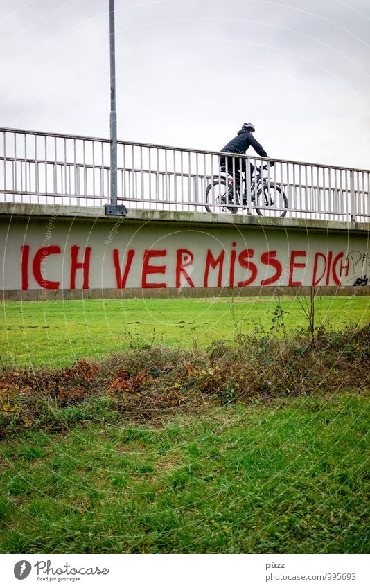 Ich vermisse Dich Sport Fahrradfahren Mensch Leben 1 Stadtrand Brücke Verkehr Verkehrsmittel Wege & Pfade Stein Schriftzeichen Graffiti Traurigkeit trist grau